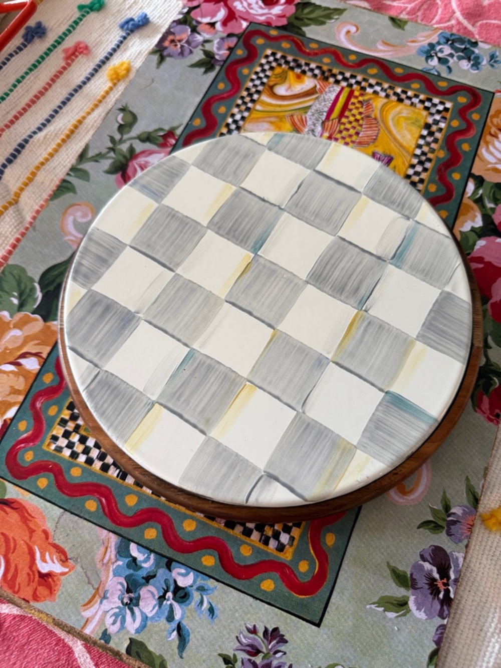 MacKenzie Childs Large  Sterling Check Hand-Painted Checkerboard Gray & White
